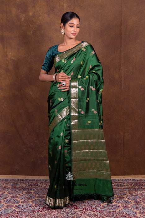 Bottle Green Pure Mango Silk Banarasi Handloom Saree