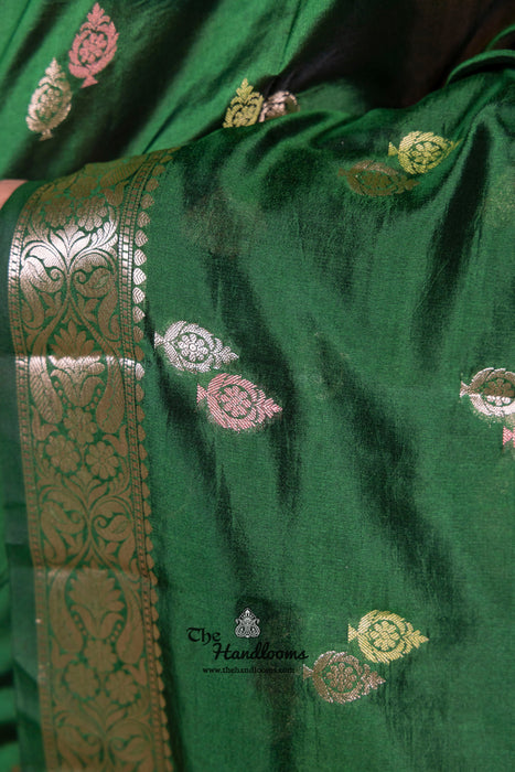 Bottle Green Pure Mango Silk Banarasi Handloom Saree