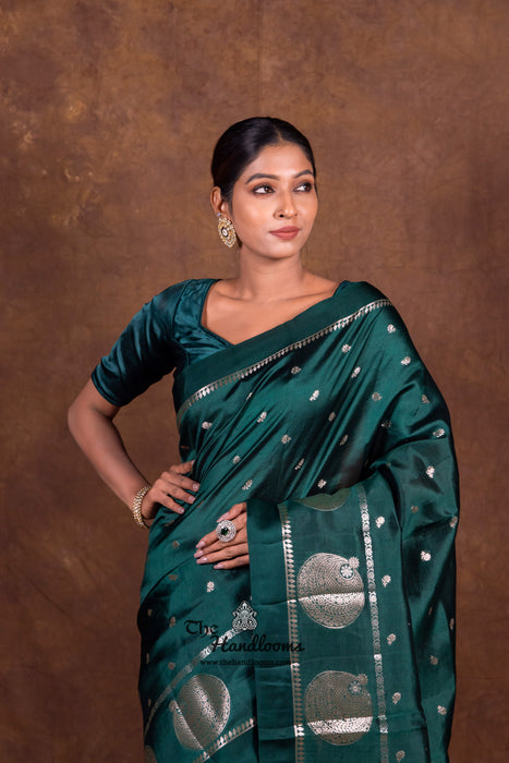 Dark Green Pure Mango Silk Banarasi Handloom Saree