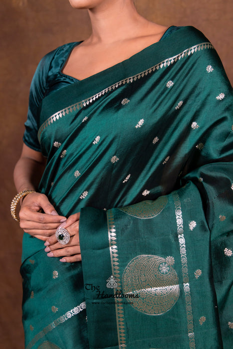 Dark Green Pure Mango Silk Banarasi Handloom Saree