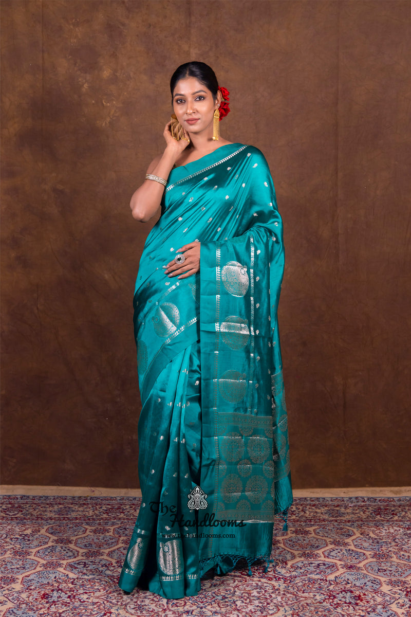 German Blue Pure Mango Silk Banarasi Handloom Saree - The Handlooms