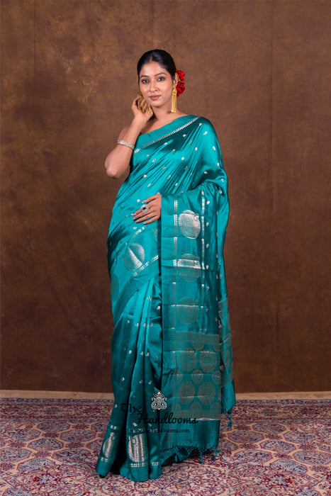 German Blue Pure Mango Silk Banarasi Handloom Saree