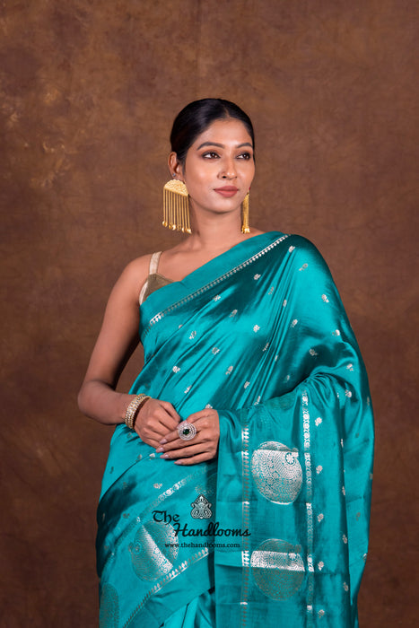 German Blue Pure Mango Silk Banarasi Handloom Saree