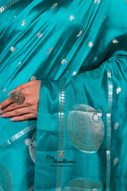 German Blue Pure Mango Silk Banarasi Handloom Saree - The Handlooms