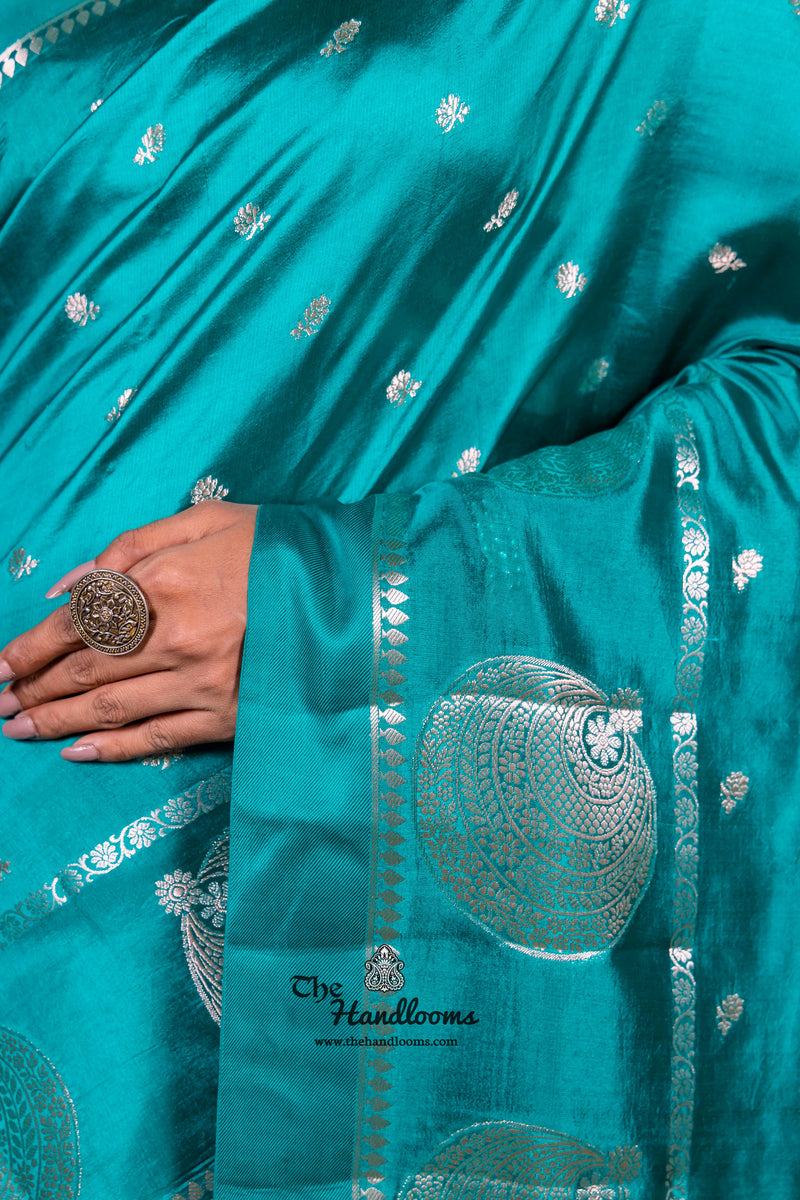 German Blue Pure Mango Silk Banarasi Handloom Saree - The Handlooms