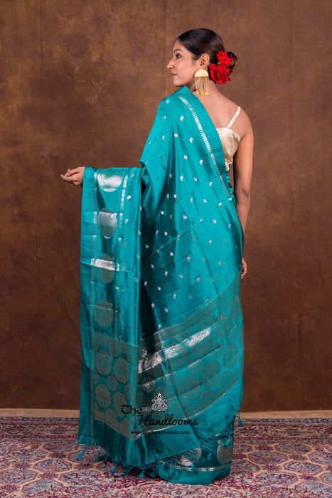 German Blue Pure Mango Silk Banarasi Handloom Saree