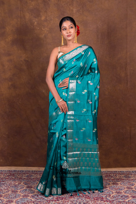 German Blue Pure Mango Silk Banarasi Handloom Saree