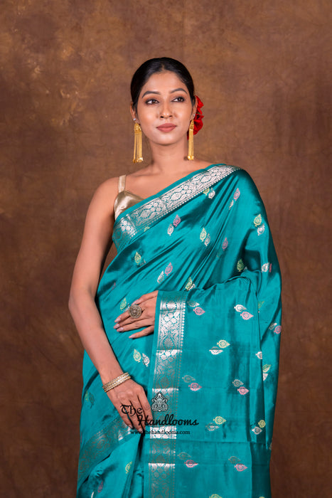 German Blue Pure Mango Silk Banarasi Handloom Saree