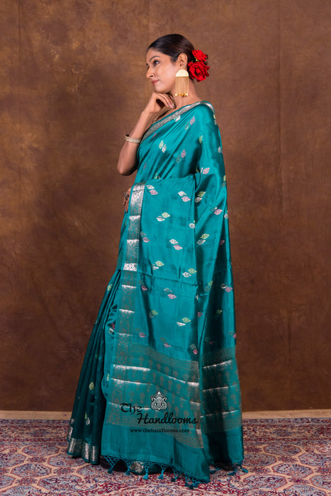 German Blue Pure Mango Silk Banarasi Handloom Saree