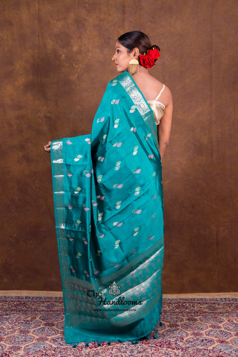 German Blue Pure Mango Silk Banarasi Handloom Saree