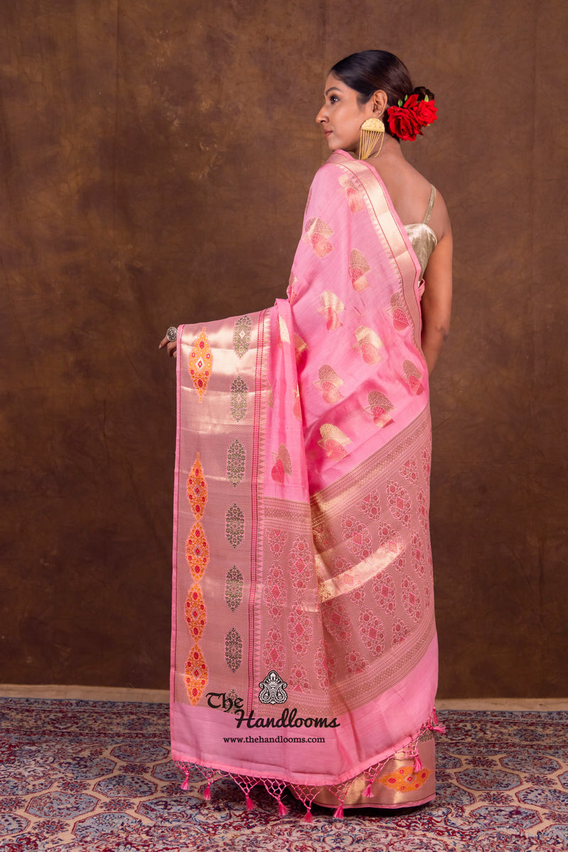 Pink Pure Chanderi Handloom Banarasi Saree - The Handlooms