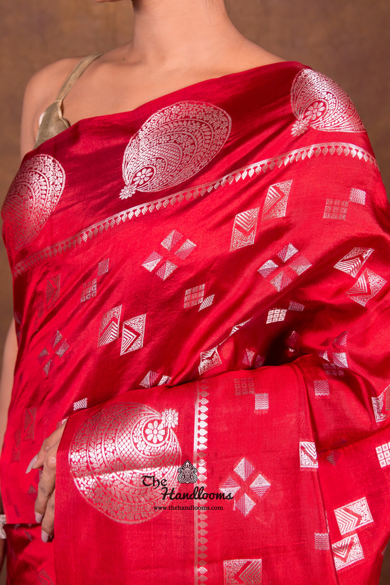 Red Pure Mango Silk Banarasi Handloom Saree - The Handlooms