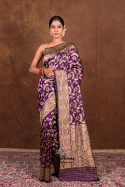 Dark Purple Pure Katan Silk Banarasi Handloom Saree - All over Jaal work with Meenakari - The Handlooms