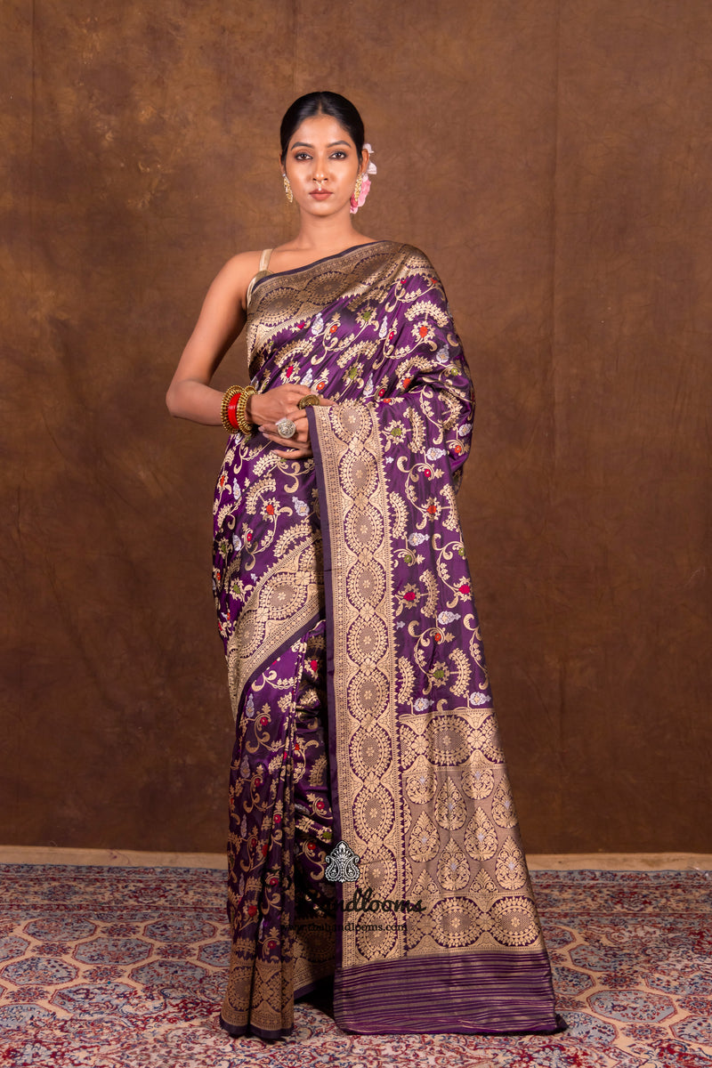 Dark Purple Pure Katan Silk Banarasi Handloom Saree - All over Jaal work with Meenakari - The Handlooms