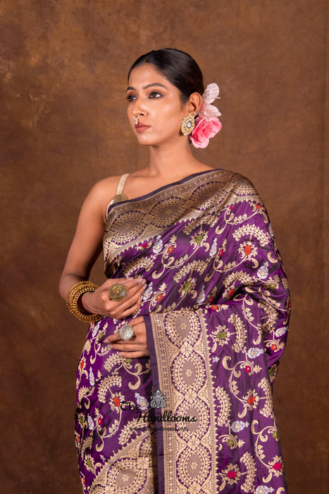 Dark Purple Pure Katan Silk Banarasi Handloom Saree - All over Jaal work with Meenakari