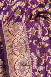 Dark Purple Pure Katan Silk Banarasi Handloom Saree - All over Jaal work with Meenakari - The Handlooms