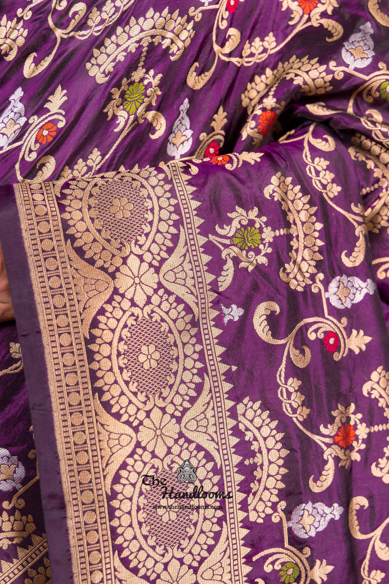 Dark Purple Pure Katan Silk Banarasi Handloom Saree - All over Jaal work with Meenakari - The Handlooms