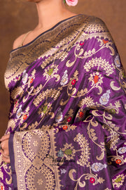 Dark Purple Pure Katan Silk Banarasi Handloom Saree - All over Jaal work with Meenakari - The Handlooms