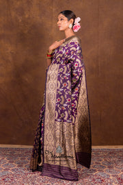 Dark Purple Pure Katan Silk Banarasi Handloom Saree - All over Jaal work with Meenakari - The Handlooms
