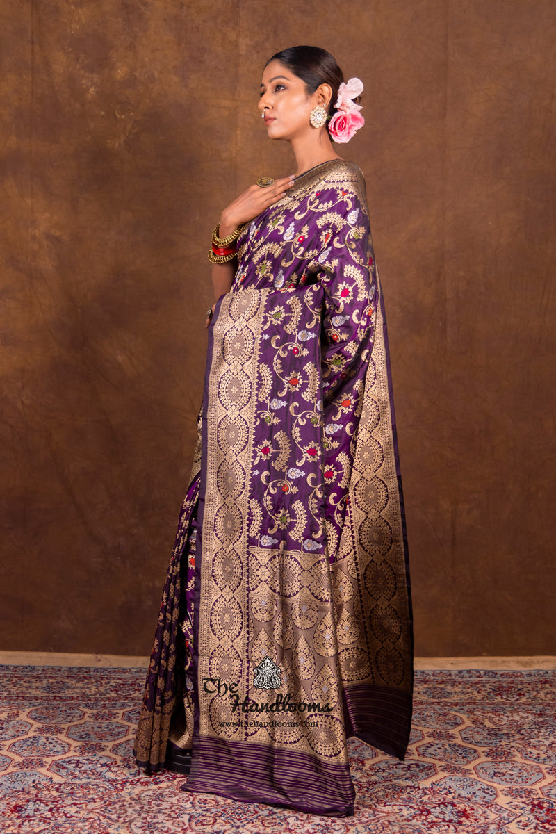 Dark Purple Pure Katan Silk Banarasi Handloom Saree - All over Jaal work with Meenakari - The Handlooms