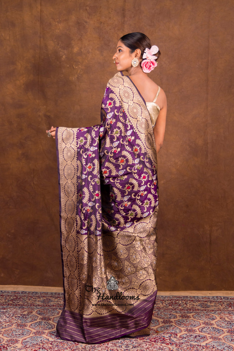 Dark Purple Pure Katan Silk Banarasi Handloom Saree - All over Jaal work with Meenakari - The Handlooms