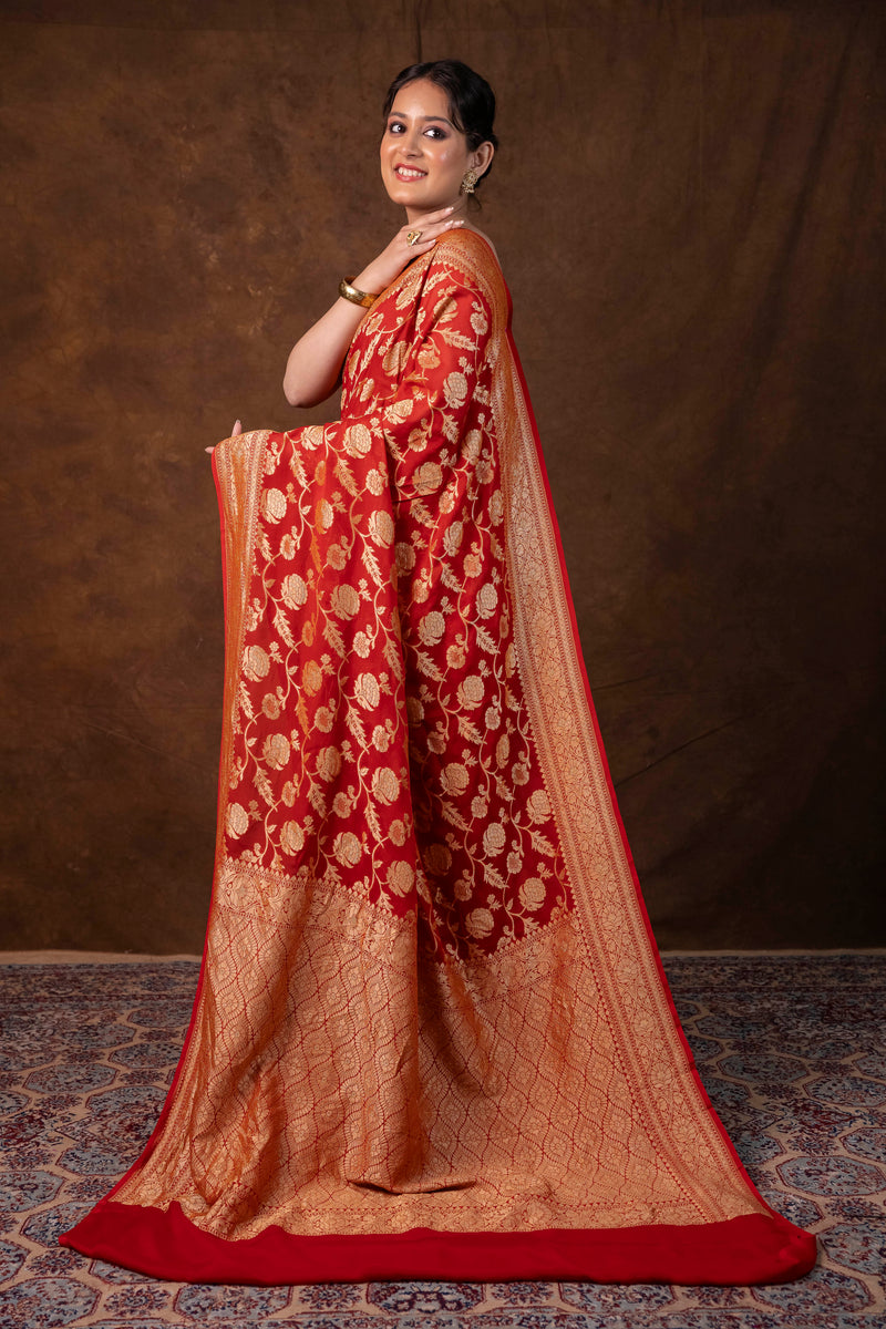 Khaddi Georgette Handloom Banarasi Saree - Gold Zari