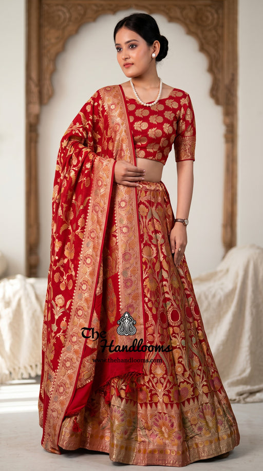 Red Pure Khaddi Georgette Handloom Banarasi Lehenga - The Handlooms