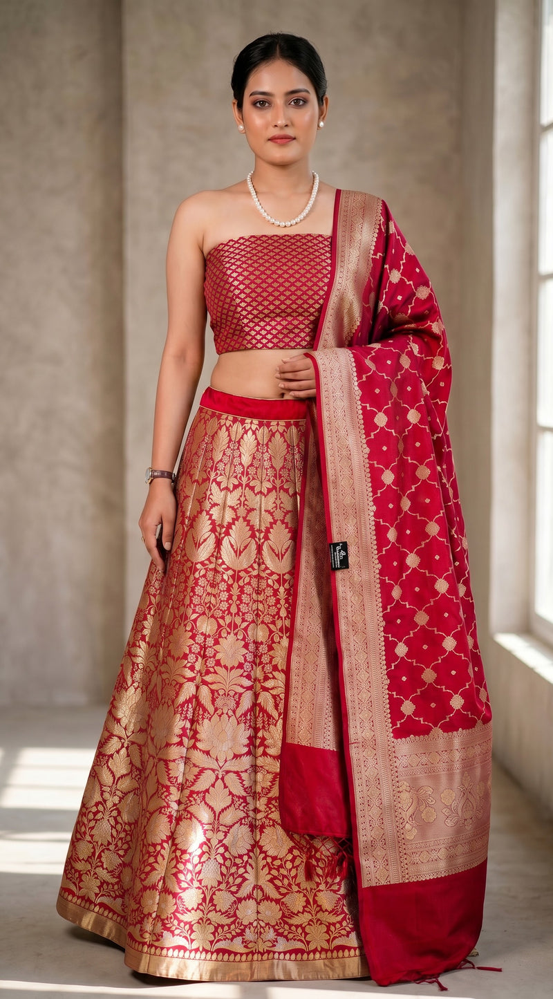 Red Pure Katan Silk Handloom Banarasi Lehenga All Over Sona Roopa Jaal Work - The Handlooms
