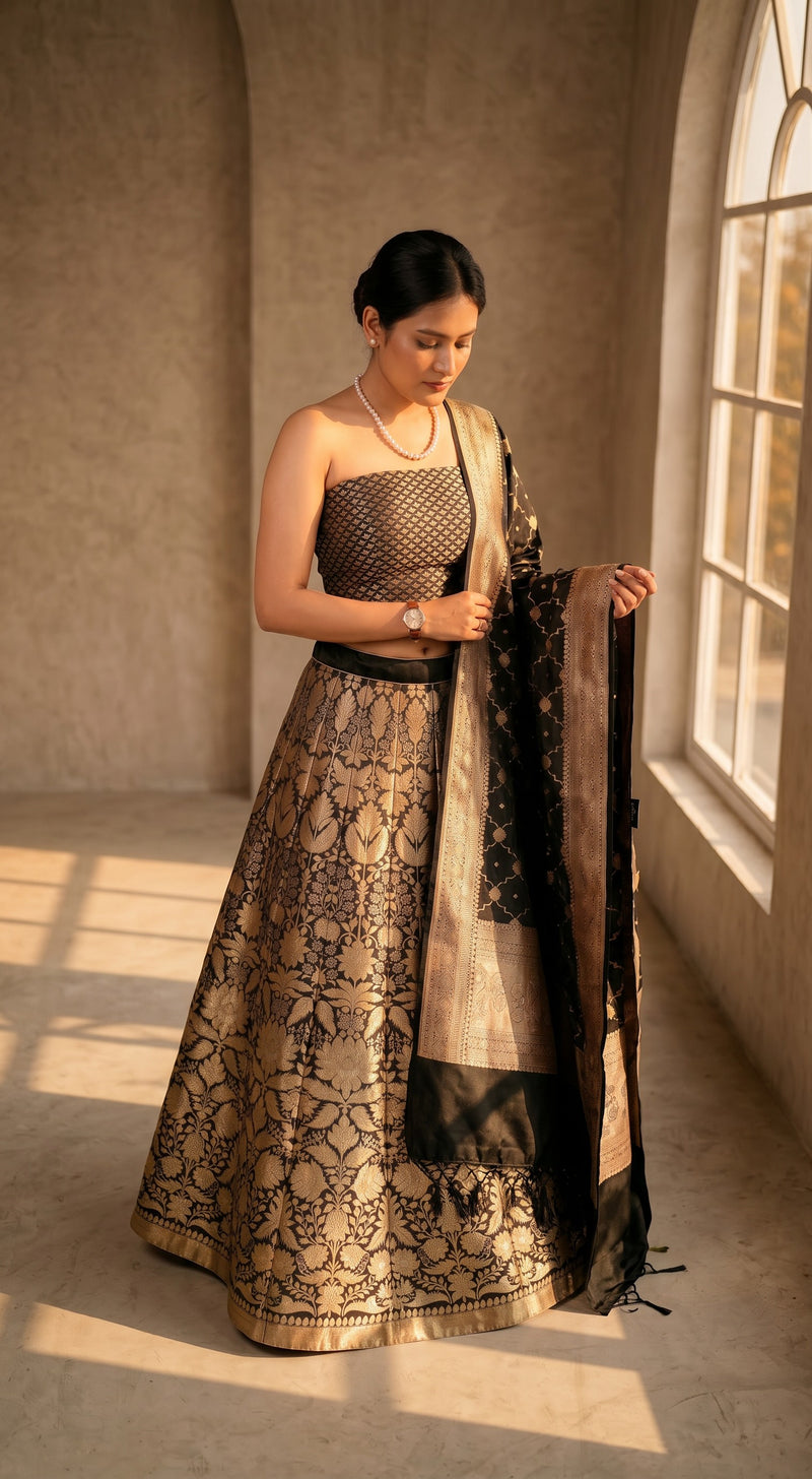 Black Pure Katan Silk Handloom Banarasi Lehenga All Over Sona Roopa Jaal Work - The Handlooms