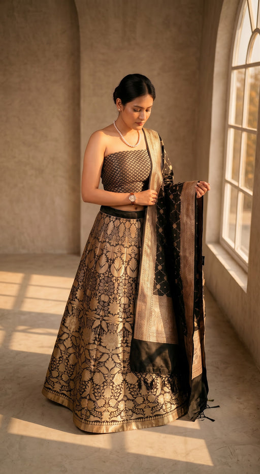 Black Pure Katan Silk Handloom Banarasi Lehenga All Over Sona Roopa Jaal Work - The Handlooms