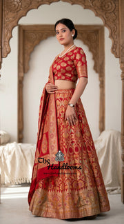 Red Pure Khaddi Georgette Handloom Banarasi Lehenga - The Handlooms