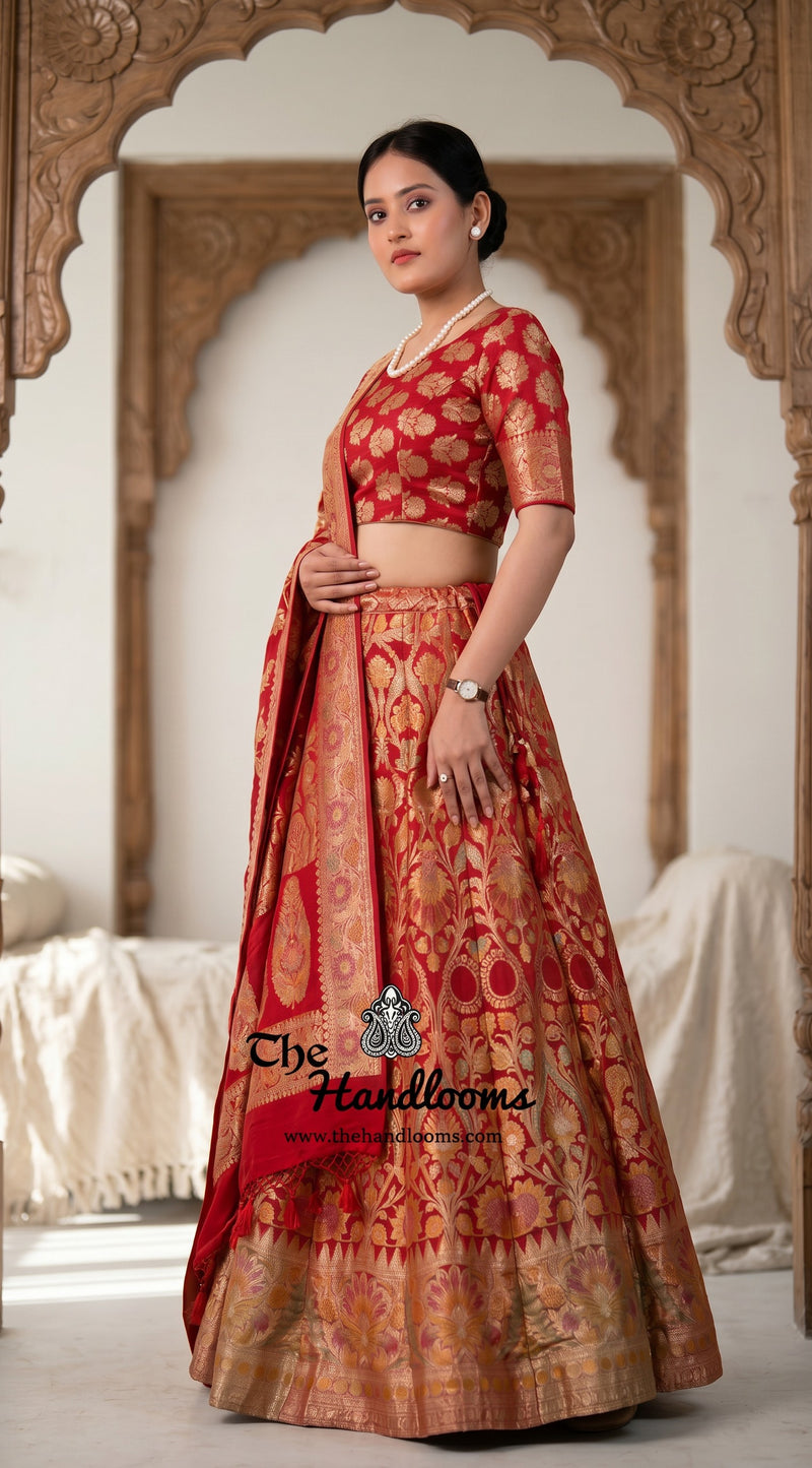 Red Pure Khaddi Georgette Handloom Banarasi Lehenga - The Handlooms