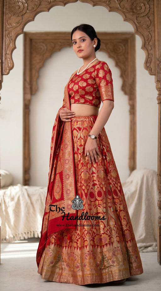 Red Pure Khaddi Georgette Handloom Banarasi Lehenga - The Handlooms