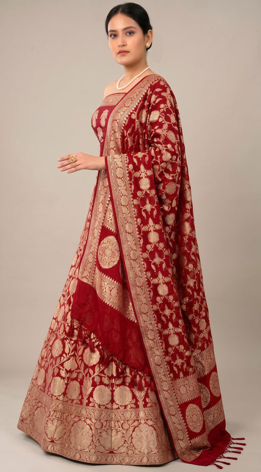 Maroon Pure Khaddi Georgette Handloom Banarasi Lehenga Set - The Handlooms