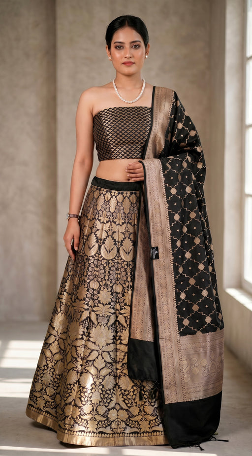 Black Pure Katan Silk Handloom Banarasi Lehenga All Over Sona Roopa Jaal Work - The Handlooms