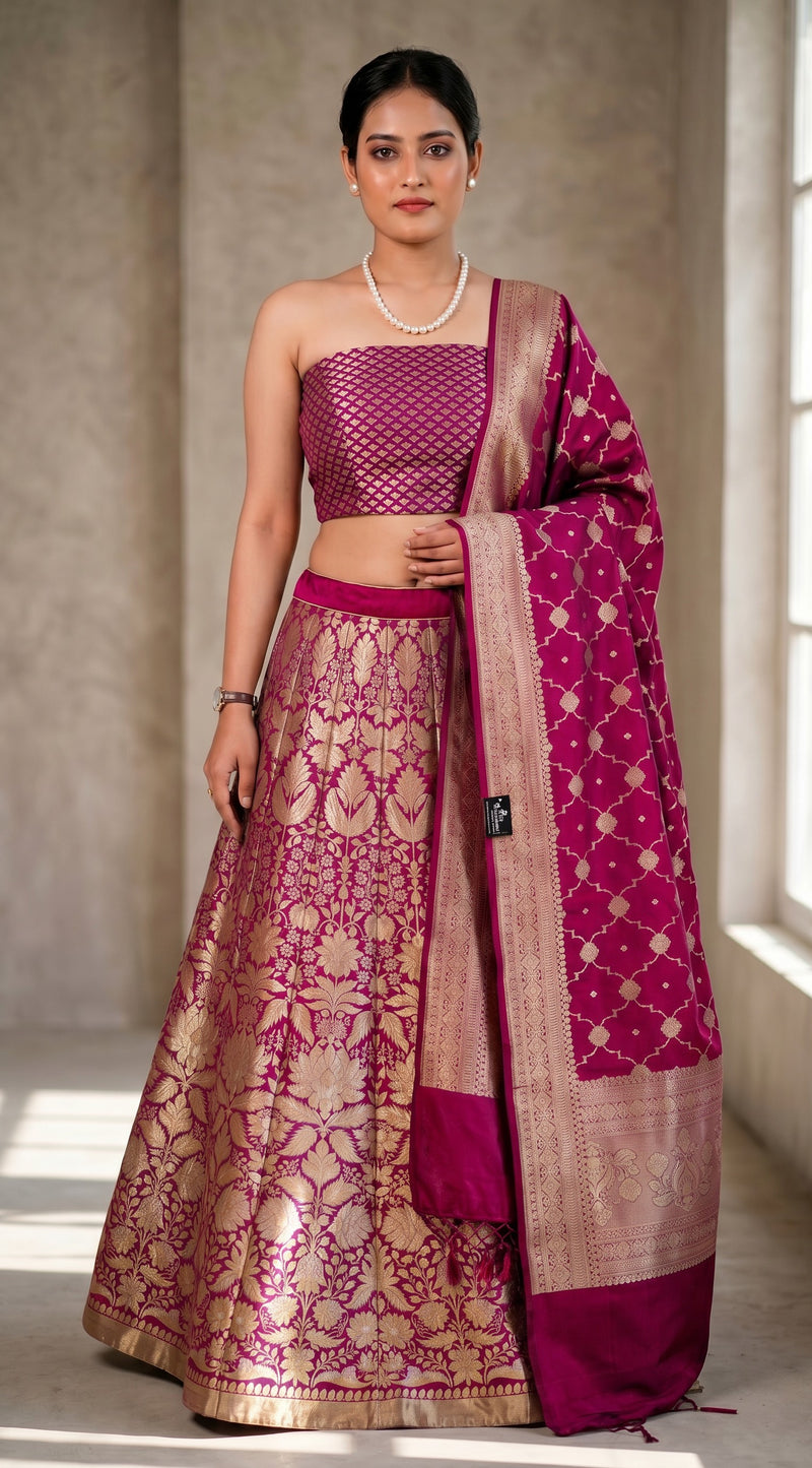 Magenta Pure Katan Silk Handloom Banarasi Lehenga All Over Sona Roopa Jaal Work - The Handlooms
