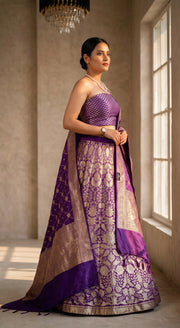 Pure Katan Silk Handloom Banarasi Lehenga All Over Sona Roopa Jaal Work With Stitched - The Handlooms