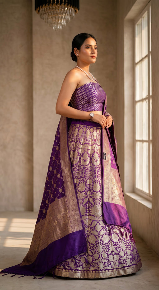 Pure Katan Silk Handloom Banarasi Lehenga All Over Sona Roopa Jaal Work With Stitched - The Handlooms
