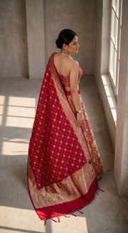 Red Pure Katan Silk Handloom Banarasi Lehenga All Over Sona Roopa Jaal Work - The Handlooms