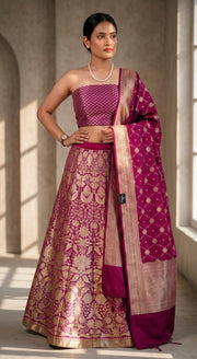 Magenta Pure Katan Silk Handloom Banarasi Lehenga All Over Sona Roopa Jaal Work - The Handlooms