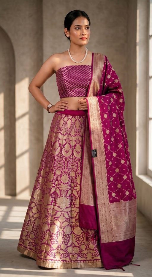 Magenta Pure Katan Silk Handloom Banarasi Lehenga All Over Sona Roopa Jaal Work - The Handlooms
