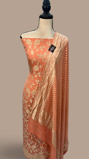 Peach Pure Khaddi Georgette Banarasi Dress material - The Handlooms