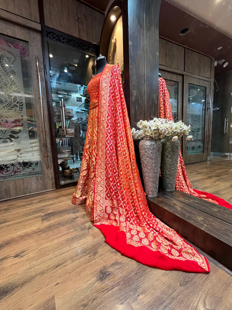 Pure Khaddi Georgette Bandhani Handloom Banarasi Lehenga - The Handlooms