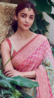Alia Bhatt in Pure Khaddi Georgette Bandhej Banarasi Handloom Saree - The Handlooms