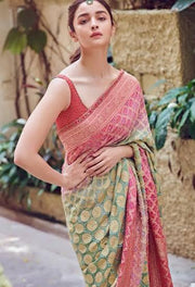 Alia Bhatt in Pure Khaddi Georgette Bandhej Banarasi Handloom Saree - The Handlooms