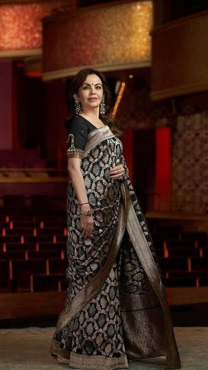 Nita Ambani Black Pure Katan Silk Banarasi Handloom Saree - All Over Sona Roopa Jaal Work - The Handlooms