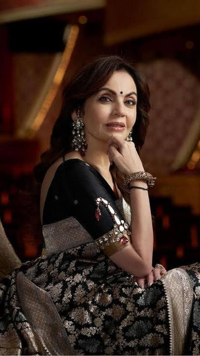 Nita Ambani Black Pure Katan Silk Banarasi Handloom Saree - All Over Sona Roopa Jaal Work