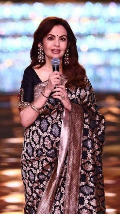 Nita Ambani Black Pure Katan Silk Banarasi Handloom Saree - All Over Sona Roopa Jaal Work