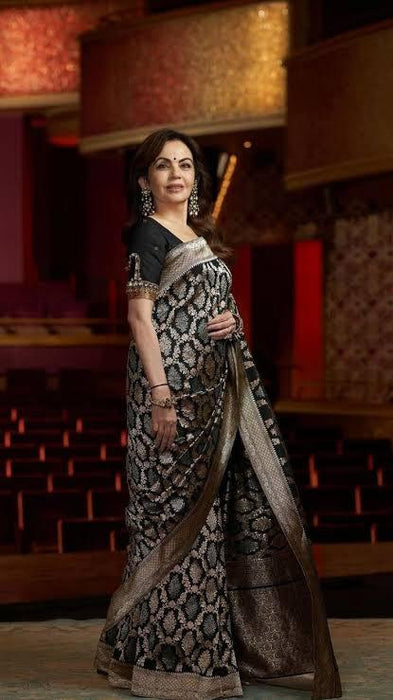 Nita Ambani Black Pure Katan Silk Banarasi Handloom Saree - All Over Sona Roopa Jaal Work