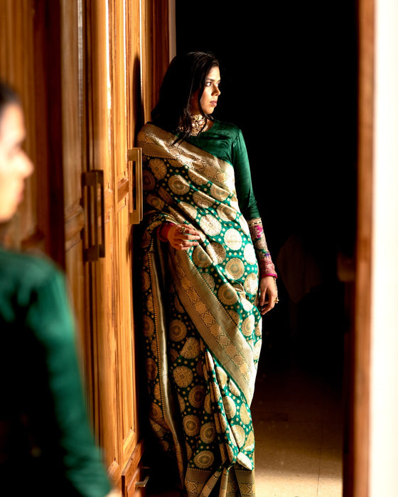 Deepika Padukone in Pure Katan Silk Banarasi Handloom Saree - All over Jaal work